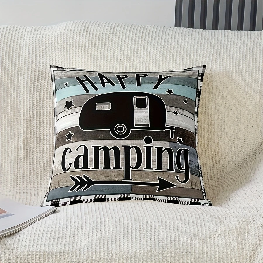 VIKAMA Happy Camping RV Cushion Covers, Vintage Distressed Wood Grain Washable Cushion Covers, Sofa and Bedroom Home Decor