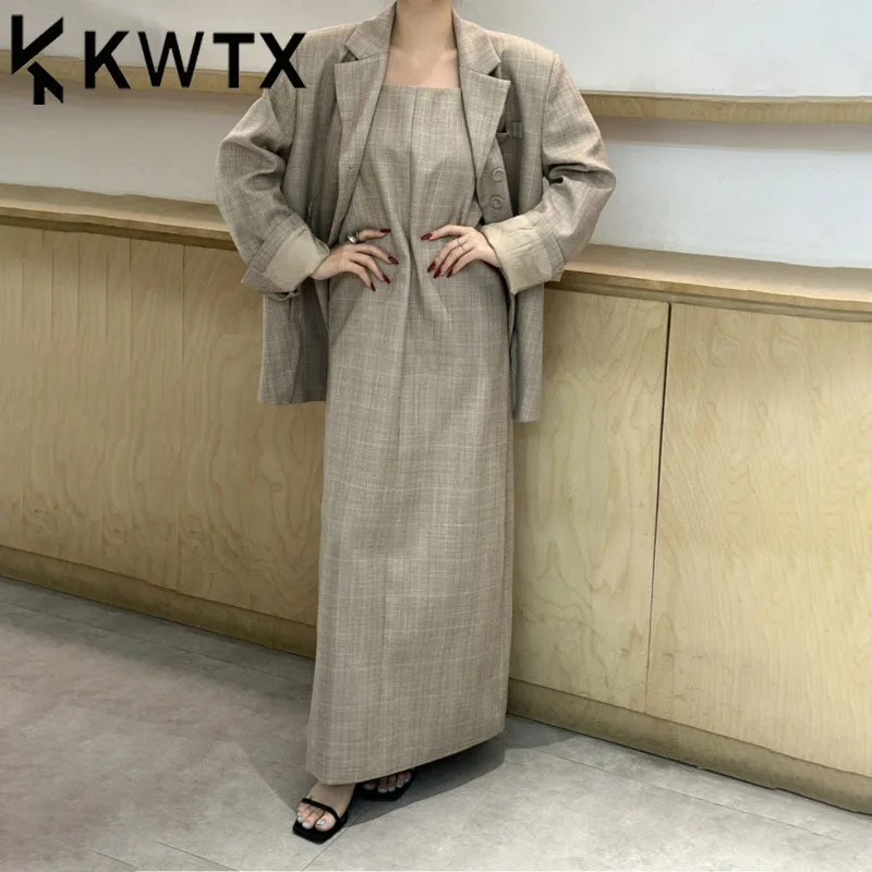 

KWTX Women’s Checkered Two-Piece Strappy Dress & Blazer Set Vintage Casual Spring Summer 2025 Luxury High-Quality Designer