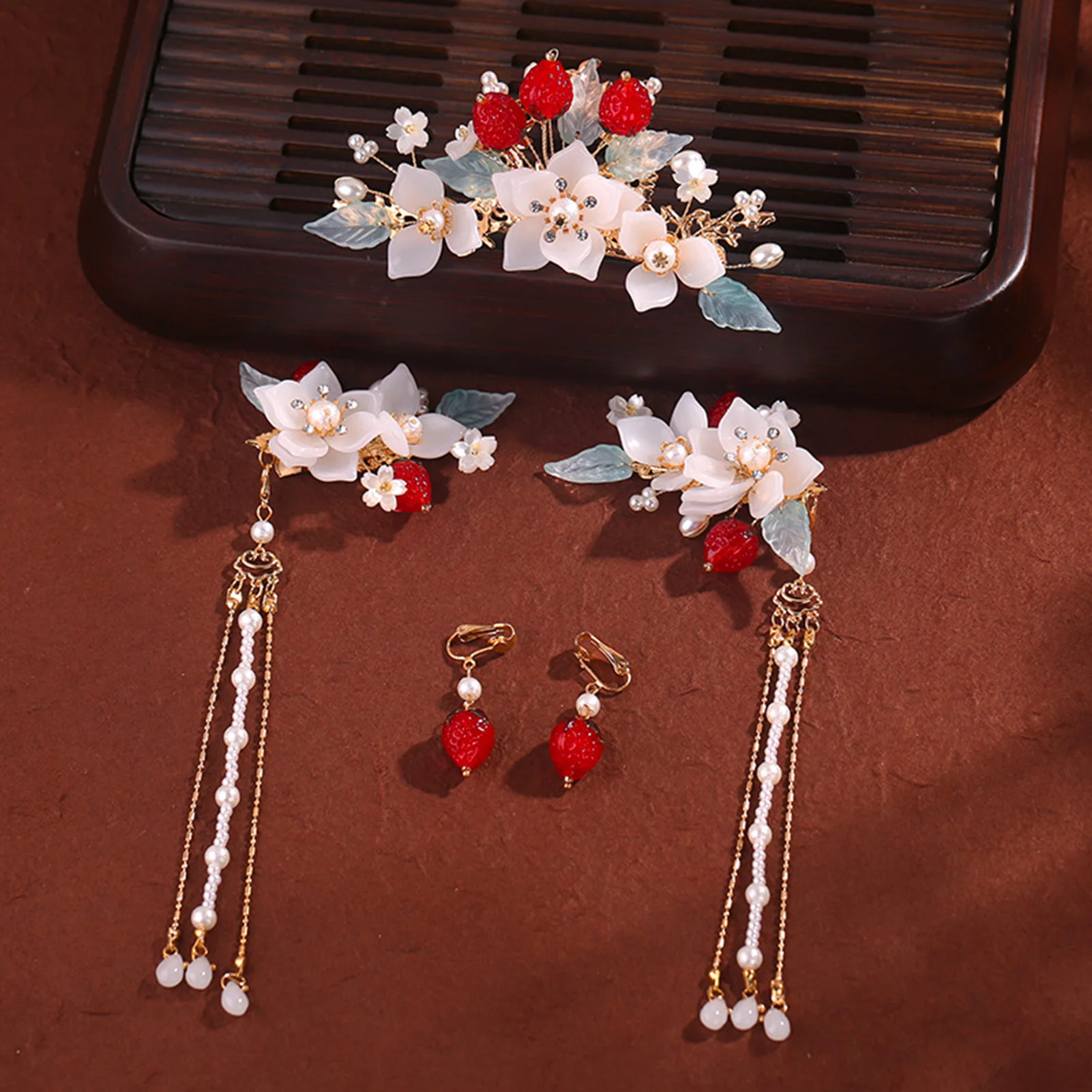 Vintage Red Strawberry Chinese Hanfu Hair Accessories Set Handmade Hairpins Hair Sticks For Women Traditional Retro Jewelry