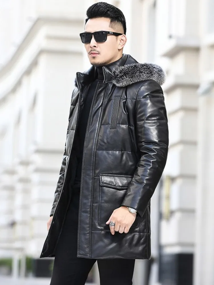 Winter Real Sheepskin Overcoat Men Zipper Thick Warm Hooded Genuine Leather Down Coat  Plus Size 5XL Streetwear Casual Coat Men