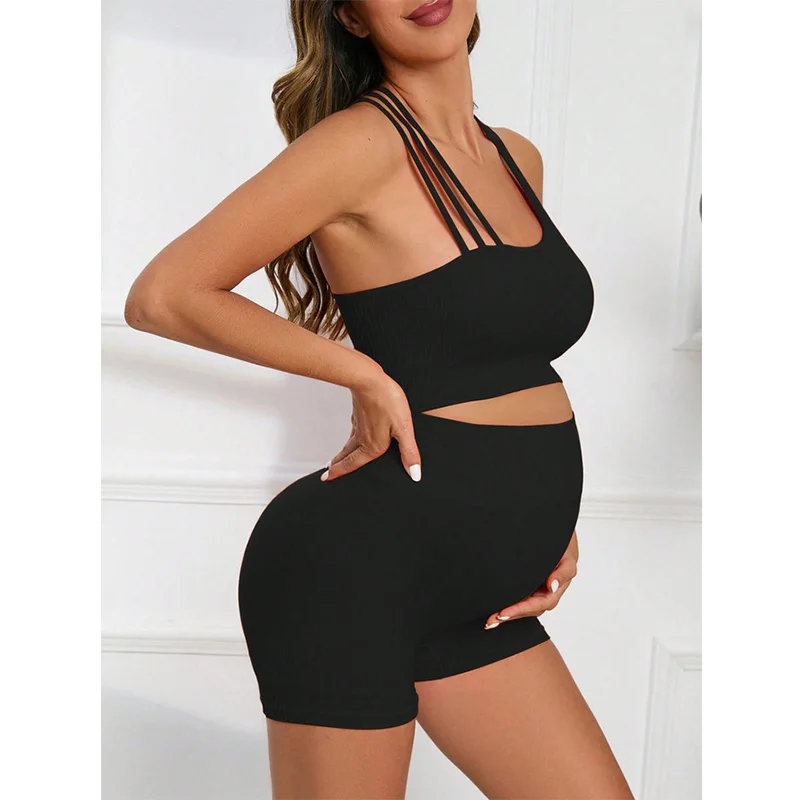 Conjunto de Yoga de maternidad sin costuras para mujer, trajes de gimnasio, Tops cortos Sexy acanalados sólidos, pantalones cortos de embarazo,