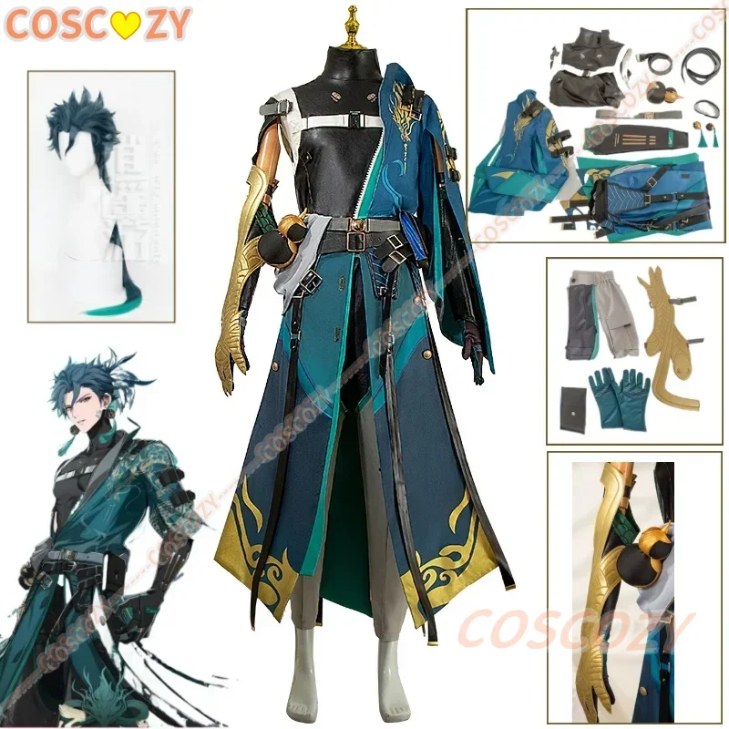 Wuthering Waves Jiyan Cosplay Costume Wig Windborne Rider Green Blue Cloak Armguard Belts Accessories Green Ponytail Hair Set