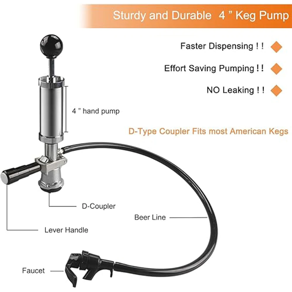 Keg Beer tap Pump 4 inch Draft Beer Picnic Party Pump Chrome-Plated D/S System Keg Beer Pump with Black Picnic Tap and Beer hose