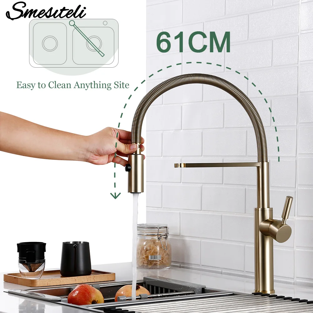 Brushed Gold Kitchen Faucets Single Handle Pull Out Kitchen Mixer Hot And Cold Water Swivel Degree Water Tap