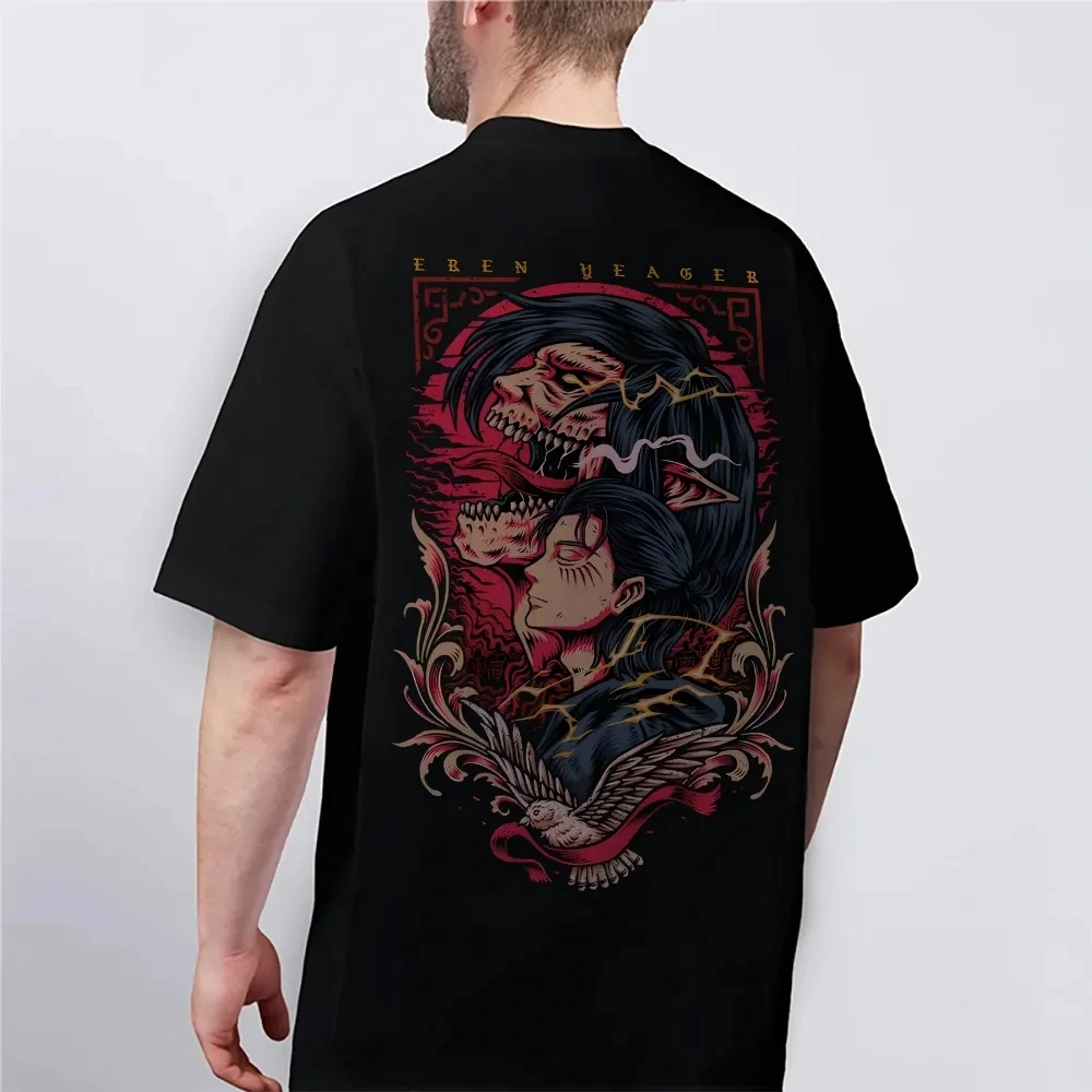 Anime Shingeki No Kyojin T-Shirt Eren Yeager Titan Form Purple Flame Graphic Print Men Women Cotton Oversized Comfort Fit Unisex