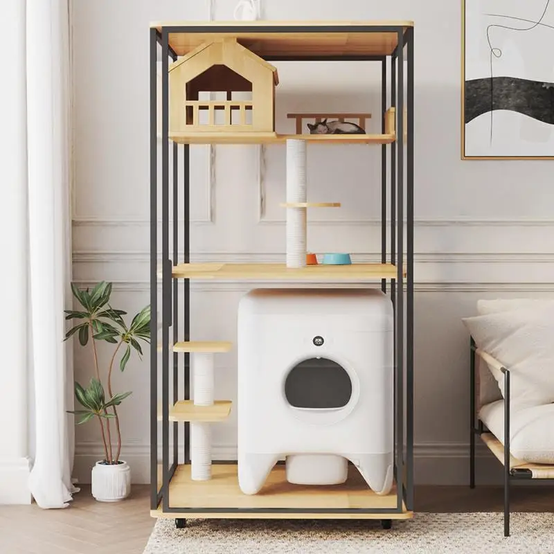 Caja de arena automática, casa en T de madera maciza de vidrio de lujo, sala de gatos, villa en T, gabinete doméstico panorámico transparente