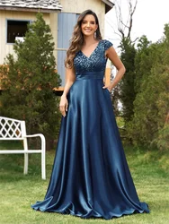 XUIBOL-vestido de noche largo de satén para mujer, elegante vestido de talla grande con cuello en V, lentejuelas verdes, manga corta, fiesta de graduación y cóctel, 2024