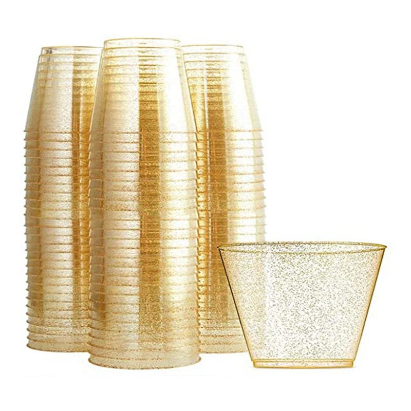 Clear Plastic Cups, Gold Glitter Plastic Tumblers Reusable Drink Cups Party Wine Glasses For Cocktail Champagne Martini