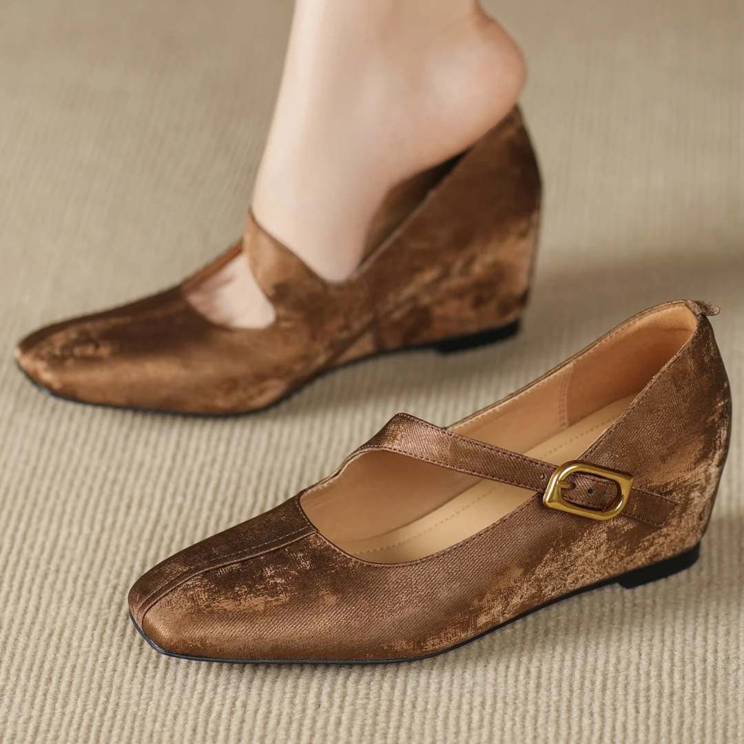 

Women's genuine leather metal buckle slip-on Mary Jane pumps square toe 5cm wedge med heel casual female daily dress heeled shoe