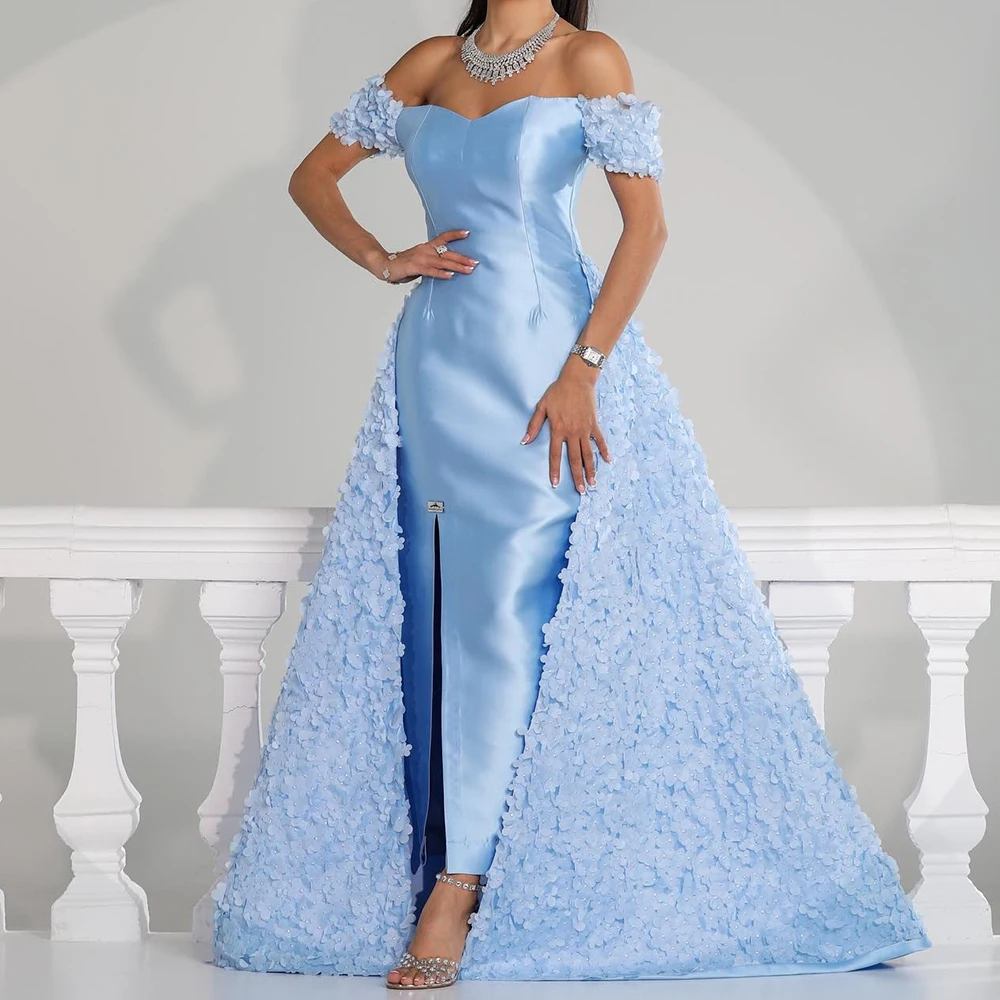 

Customized Delicate Straight Ankle Length Strapless Off the Shoulder Satin Appliques Evening Dress Fashion vestidos para mujer