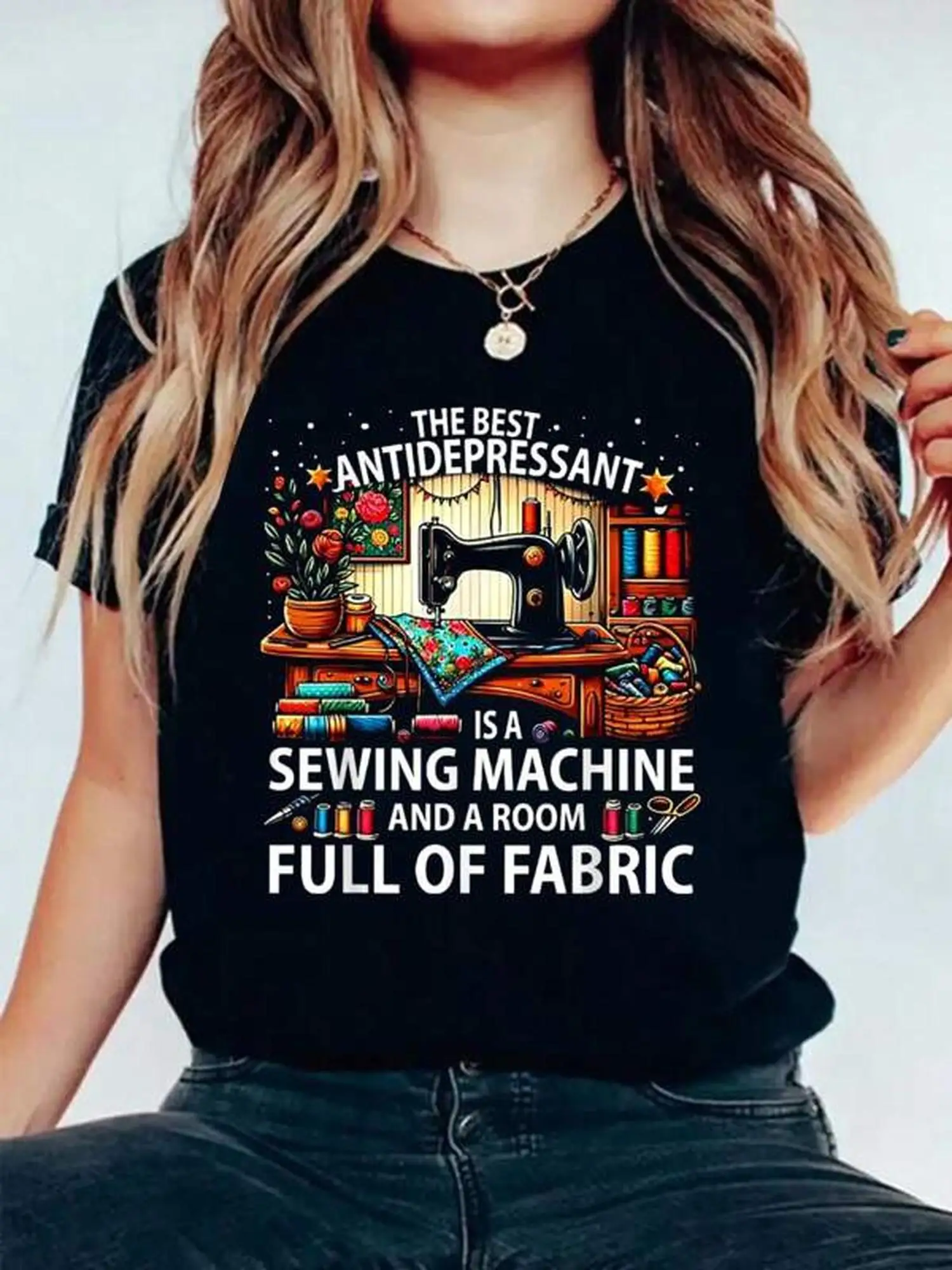 플러스 사이즈 최고의 항우울제는 재봉틀과 방이 가득한 티셔츠입니다 여름용 프린트 티셔츠, 여성용 부드러운 반팔
