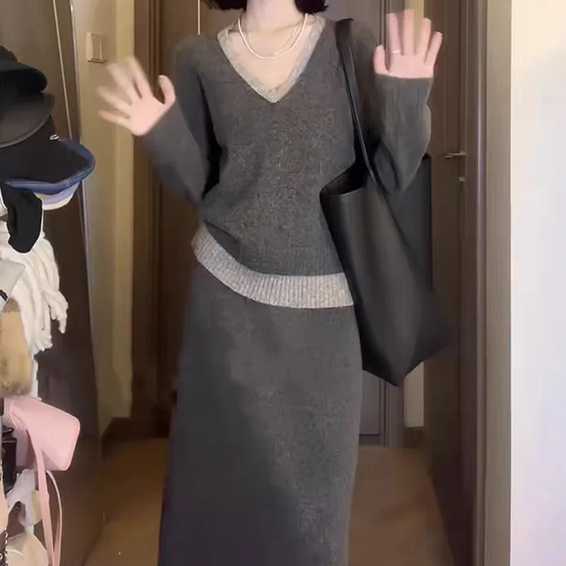 

Элегантный вязаный свитер из чистого кашемира с v-образным вырезом 100, женский комплект из свободной шерсти с цветными блоками для осенней и зимней одежды