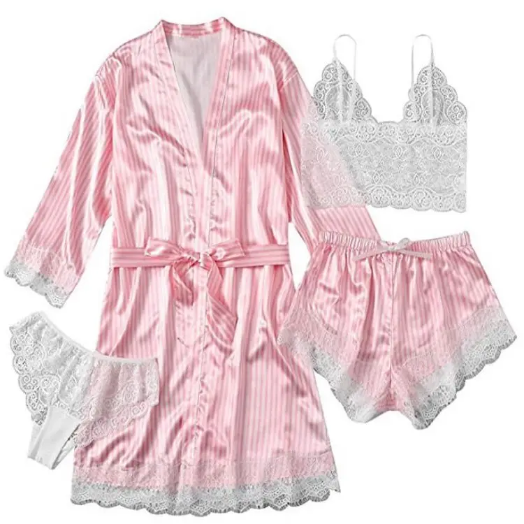 New Women's Pajamas 4-piece Set Lace Satin Suspender Nightdress Female Summer Suit with Nightgown Nightdress Wholesale