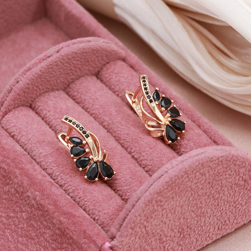 SYOUJYO Black Natural Zircon Flower Shape Earrings For Women Party Fine Jewelry Luxury 585 Rose Gold Color Fruit Drop Earrings