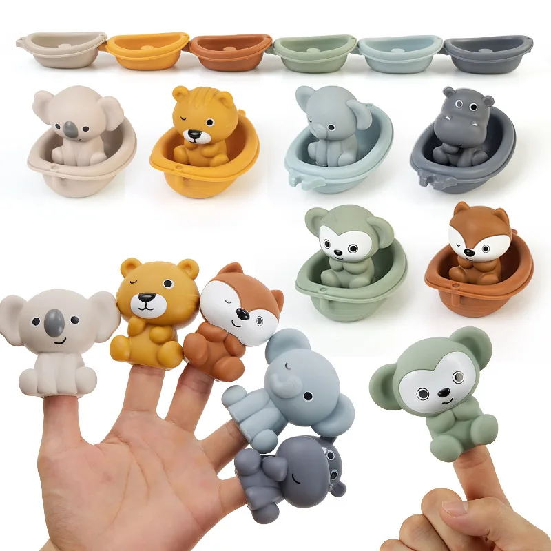 Baby Bath Toy Stackable Bath Boat Toys Silicon Adorable Animal Finger Puppets for Children Interactive Floating Squeeze Toy Gift