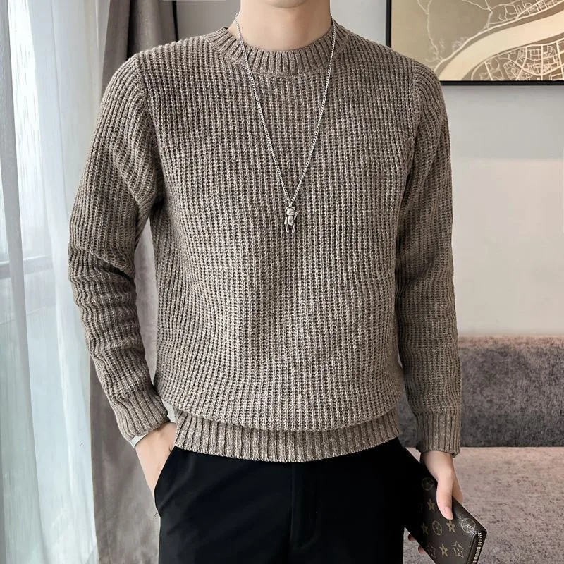 New Autumn/Winter Fashion Trend Thickened Round Neck Solid Color Versatile and Handsome Casual Men's Knitted Long Sleeve Sweater