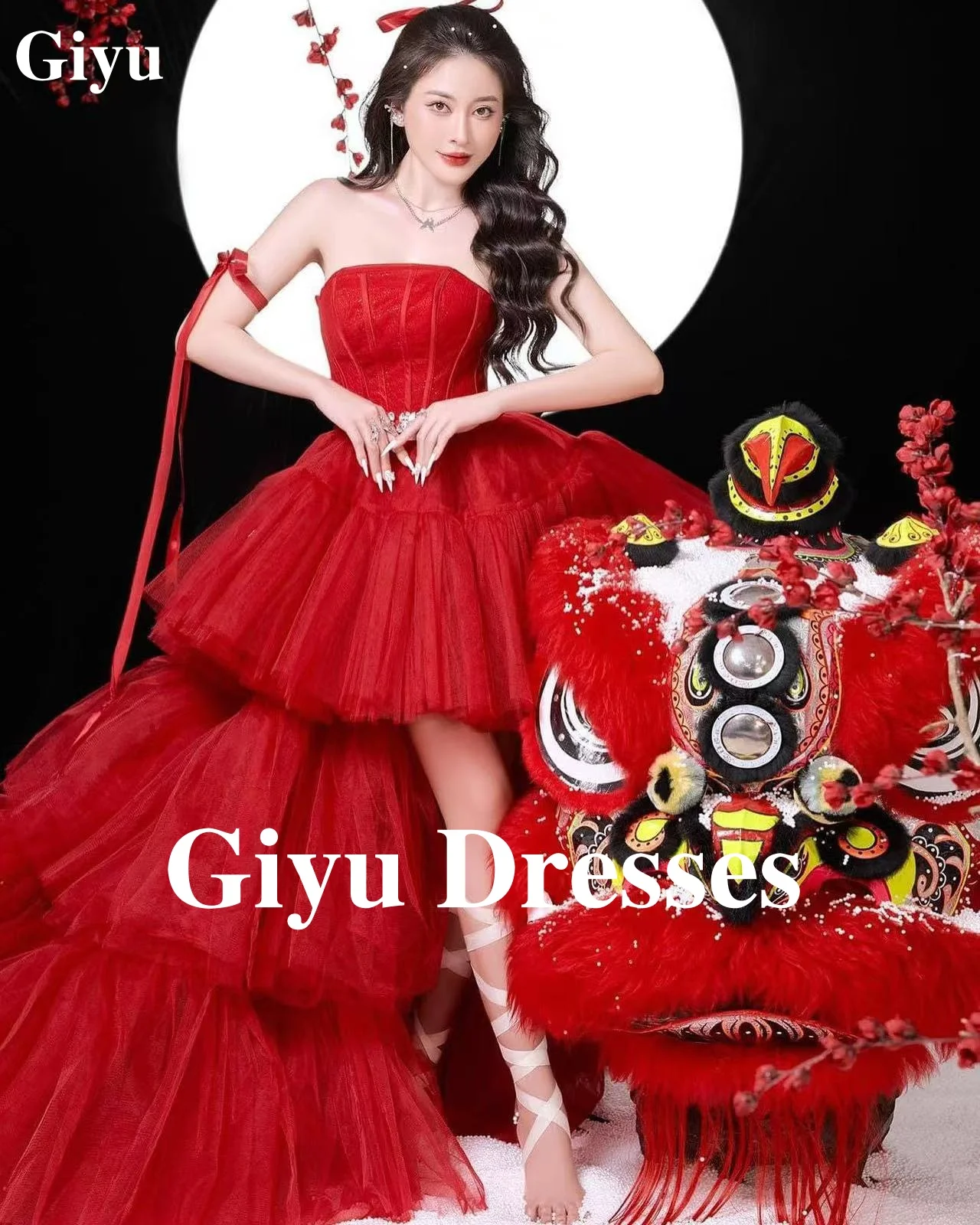 Giyu Burgundy Layered Tulle Off The Shoulder Evening Dresses Women's Sleeveless Asymmetric Pleated Prom Dresses Party Gowns