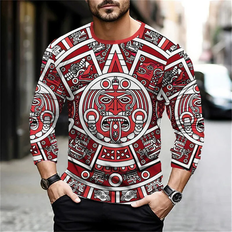 2024 Mexico Aztec Graphic T Shirts For Men Vintage 3d Printed Long Sleeve Tees Street Hip Hop Oversized T-Shirt Male Clothing