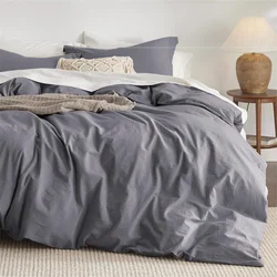 Washed Cotton 3pcs Bedding Set Solid Color Duvet Cover Set with Pillowcase Soft Breathable Comforter Cover for Bedroom Boy Girl