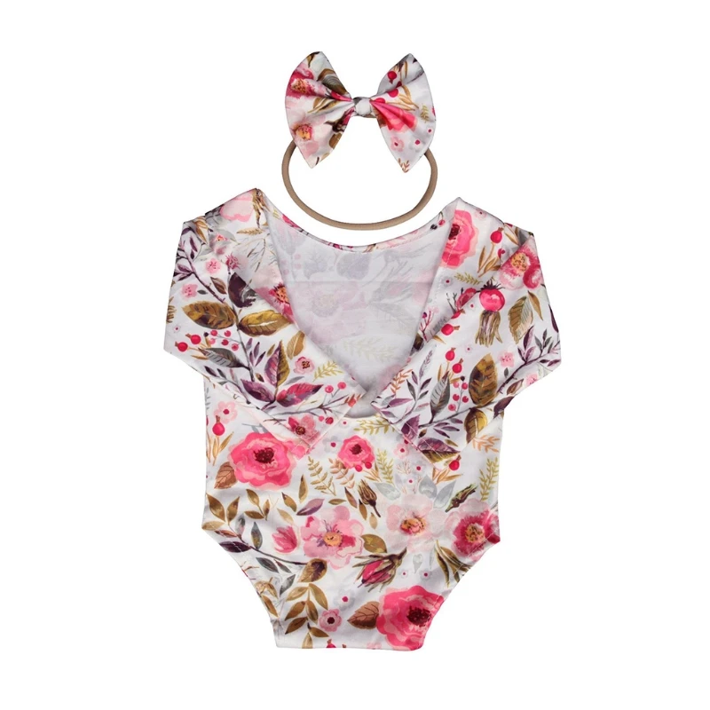 Newborn Photography Props Baby Floral Hollow Open Back Romper Headband Set Infants Photo Outfits