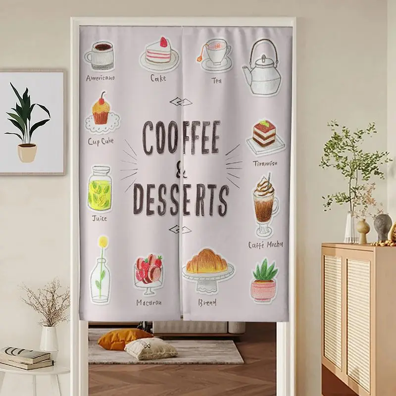 VIKAMA Coffee Dessert Hand Drawn Menu Door Curtain Pink Background Cake Tea Pot Macaron Bread Cup Cute Art Linen Noren Bedroom