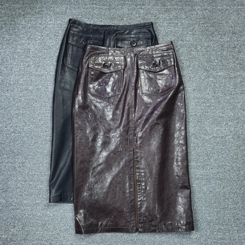 

Повседневная женская юбка из натуральной кожи ягненка с высокой талией, облегающая, универсальная, для ежедневной носки, с разрезом, зима 2026