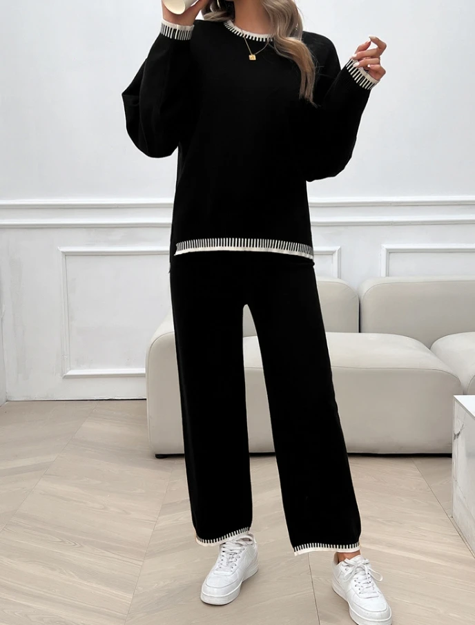 Korean Dongdaemun Women's Winter Sweater Set Casual Edge Collision Solid Color O-Neck Long Sleeved Loose Sweater Long Pants Set