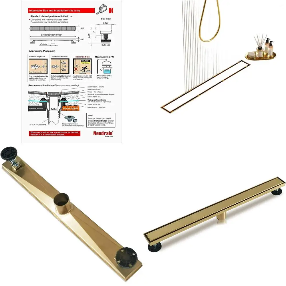 

36 Gold Stainless Steel Linear Shower Drain with Flat & Tile Insert, Brushed Brass Cover, Hair Strainer, CUPC Certified