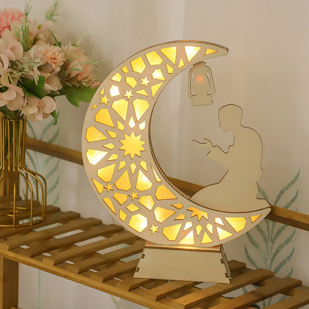 

Luminous Moon nament Ramadan Craft Festival Decorative Lights Eid Wooden LED Gift Sturdy Long Use Tabletop