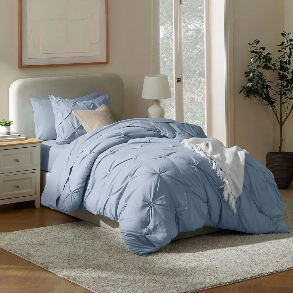Twin XL Comforter Set 5 Piece - Pintuck Twin XL Bedding Set Stone Blue, College Dorm Room Essentials Bed in a Bag, Twin XL Comfo