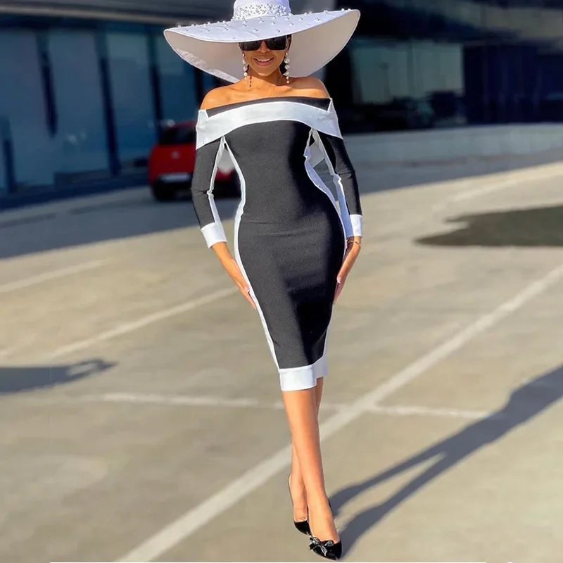 Amazon Best Seller Black White Color Block Off-Shoulder Long Sleeve Medium-Length Tie Dress Gown Overseas Trade Crossbody Dress