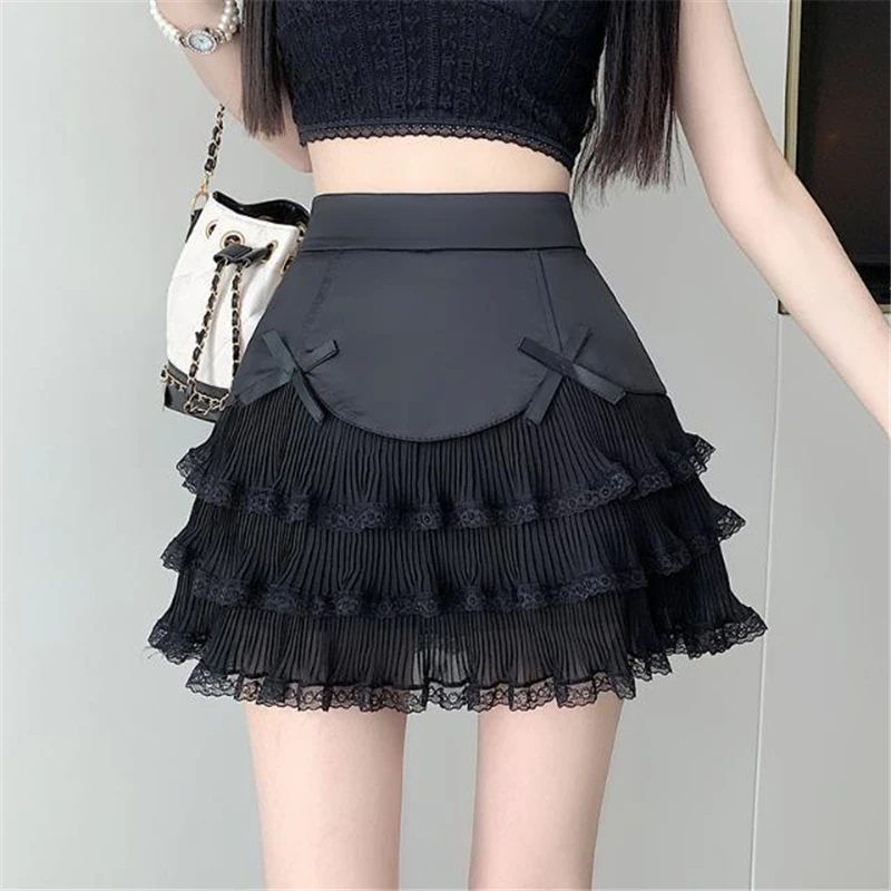 2023 Summer Women Clothes Lace Patchwork Bow High Waist Kawaii Sweet Skirts Girl Harajuku Y2K Gothic Sexy Solid Party Mini Skirt