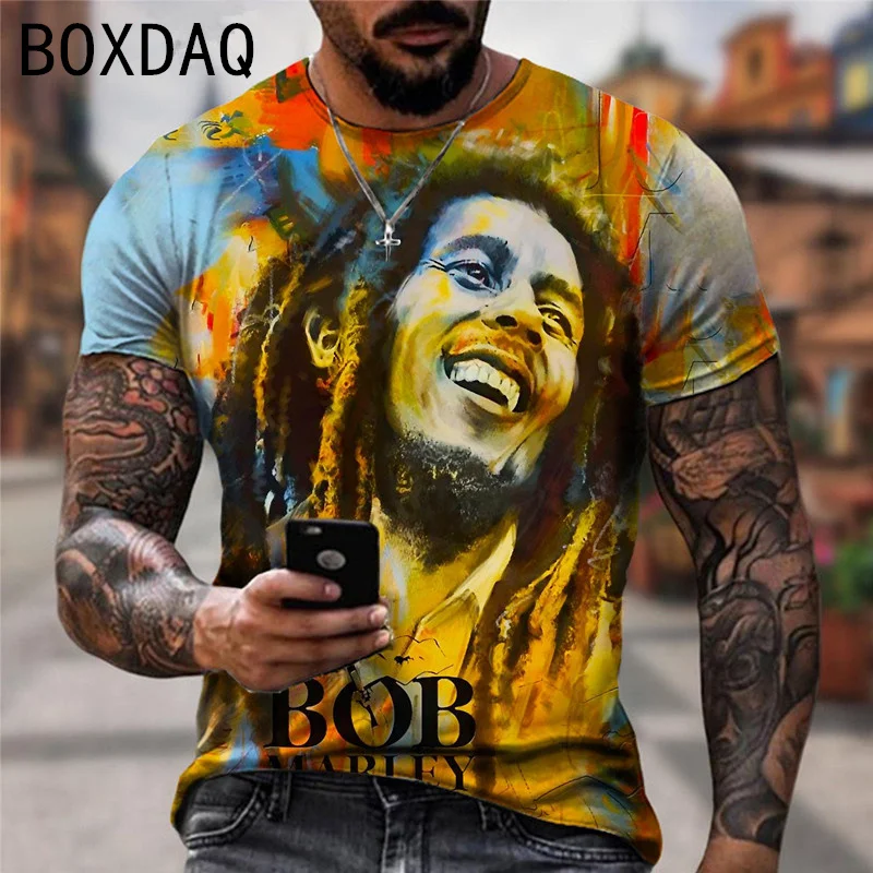 Oversize męska koszulka fajna rockowa Bob Marley koszule z nadrukiem letnia odzież męska z okrągłym dekoltem z krótkim rękawem