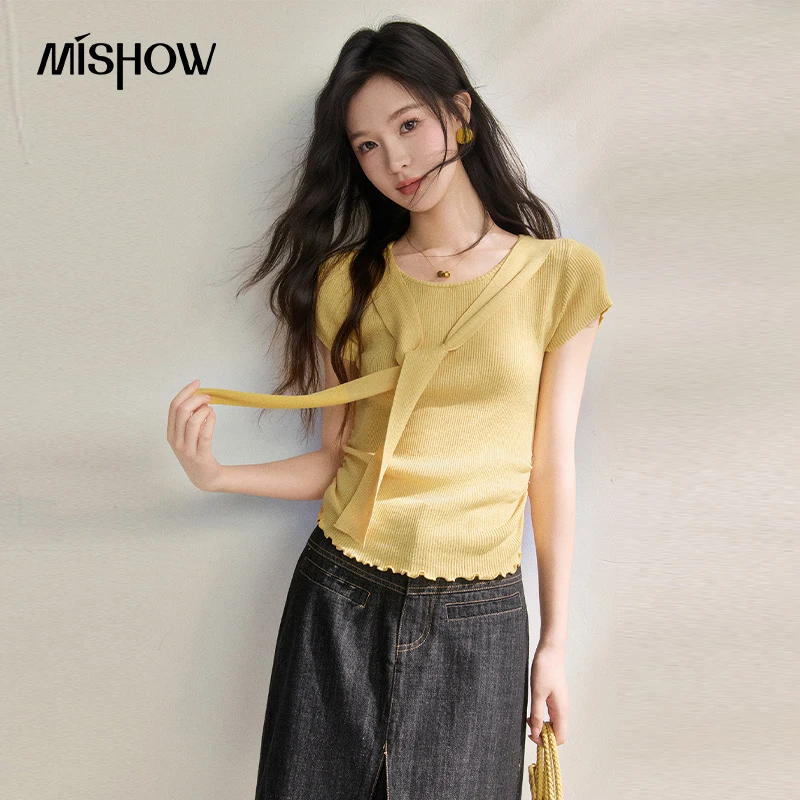 MISHOW Women Silk Blend Ribbed Knit Top Short Sleeve with Tie Detail Slim Fit Yellow Casual 2026 Summer New T-shirt MXF22Z3110