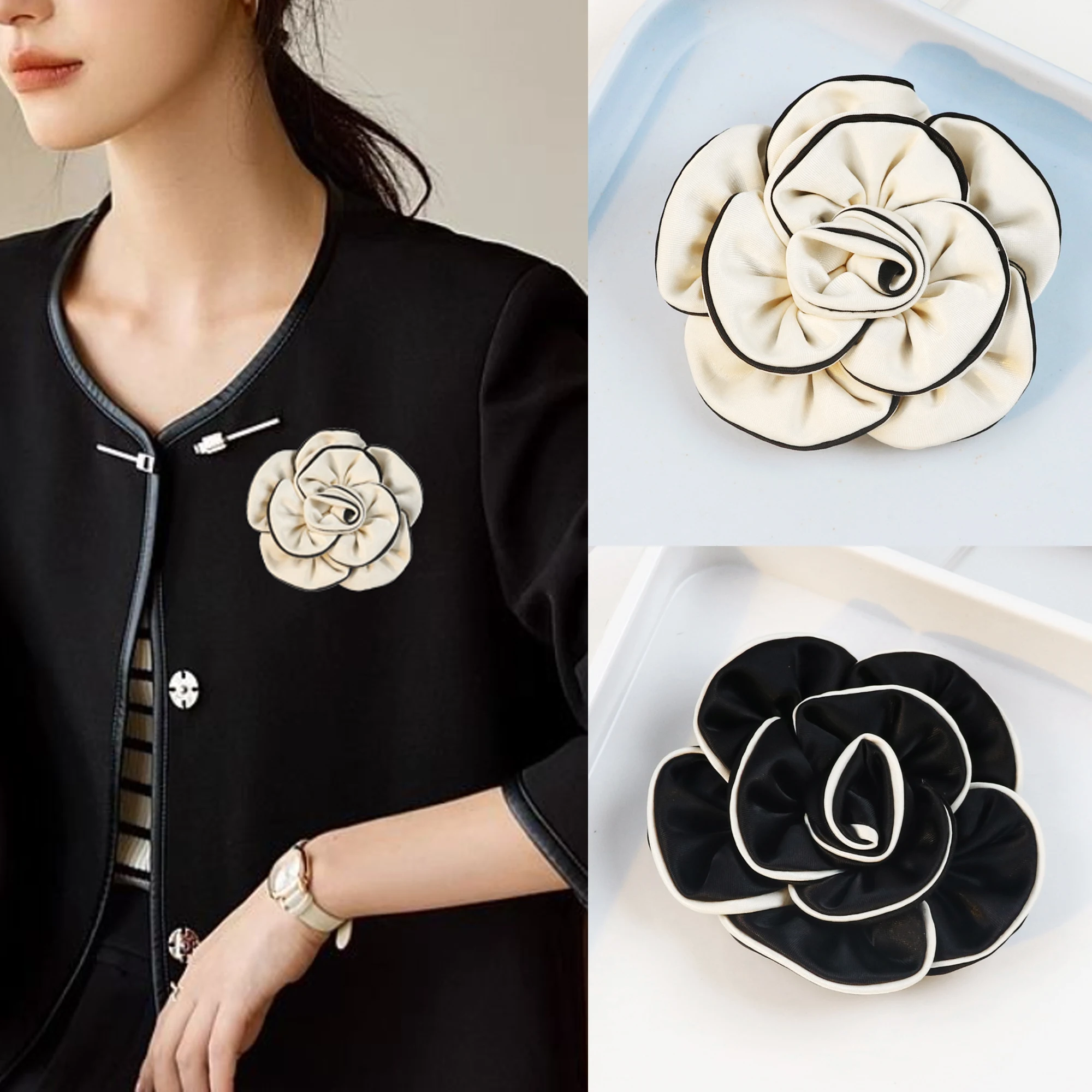 Luxury Black White Fabric Camellia Flower Brooches for Woman Cloth Rose Brooch Pins Dress Shirt Fashion Accessories Dropship