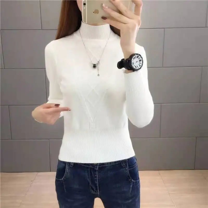 

2023 Autumn Winter New Women Sweater Warm Cashmere Slim Fit Sweater Loose Large Size Top Half Turtleneck Knitted Bottoming Shir