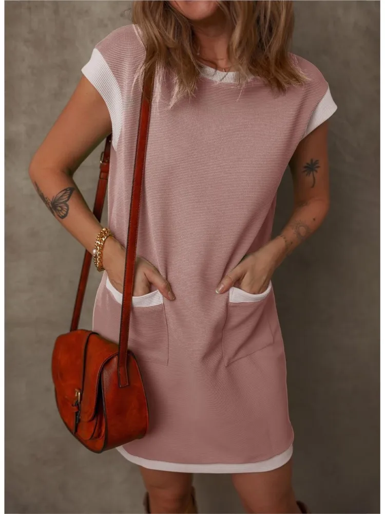 Summer Loose Dresses Women's Casual Pocket Blocked Straight Tube T-shirt O-Neck Short Sleeve Mini Dresses For Women Streetwear