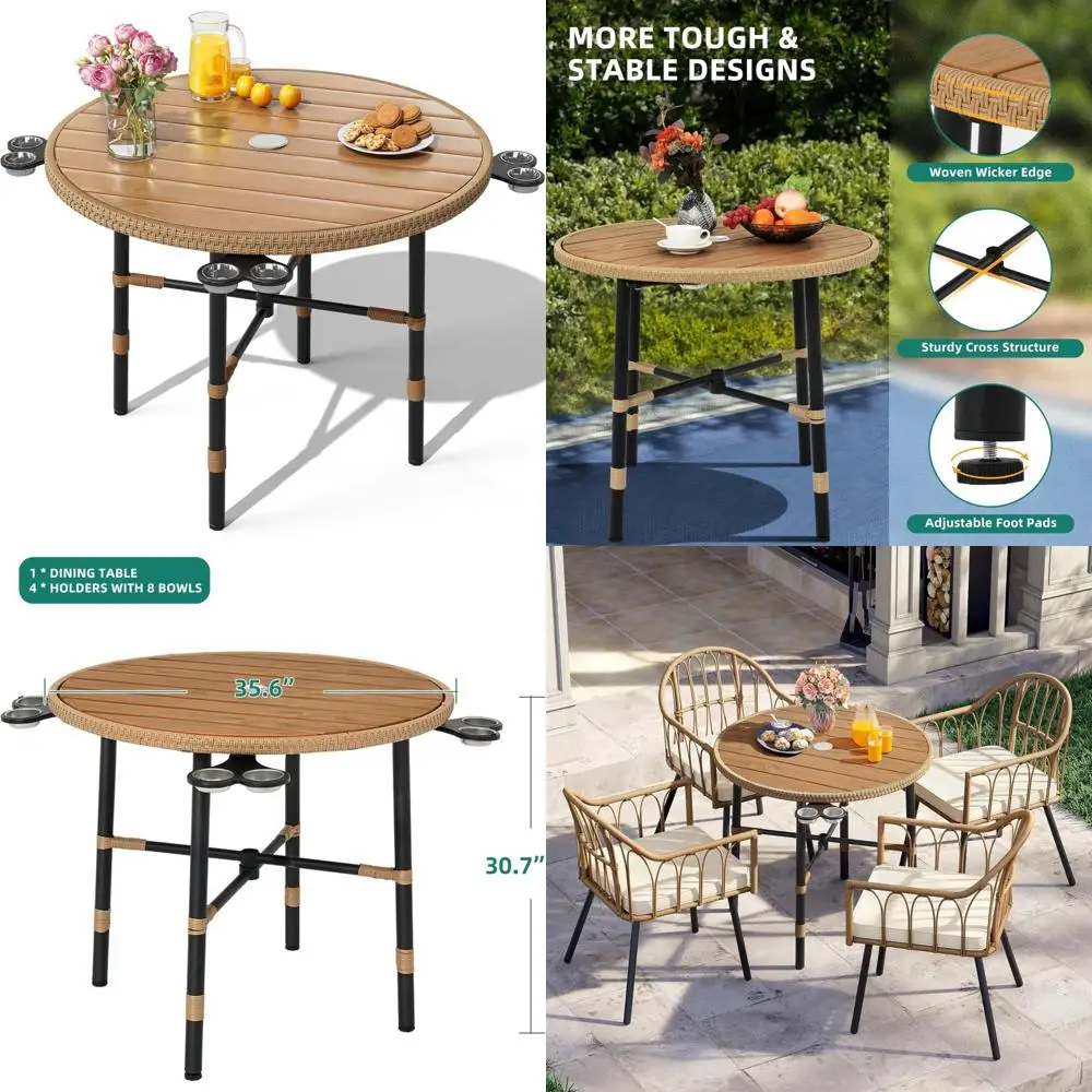 35.4 Inch Round Outdoor Patio Dining Table with Umbrella Hole for Bistro, Lawn, Backyard, Garden, and Porch