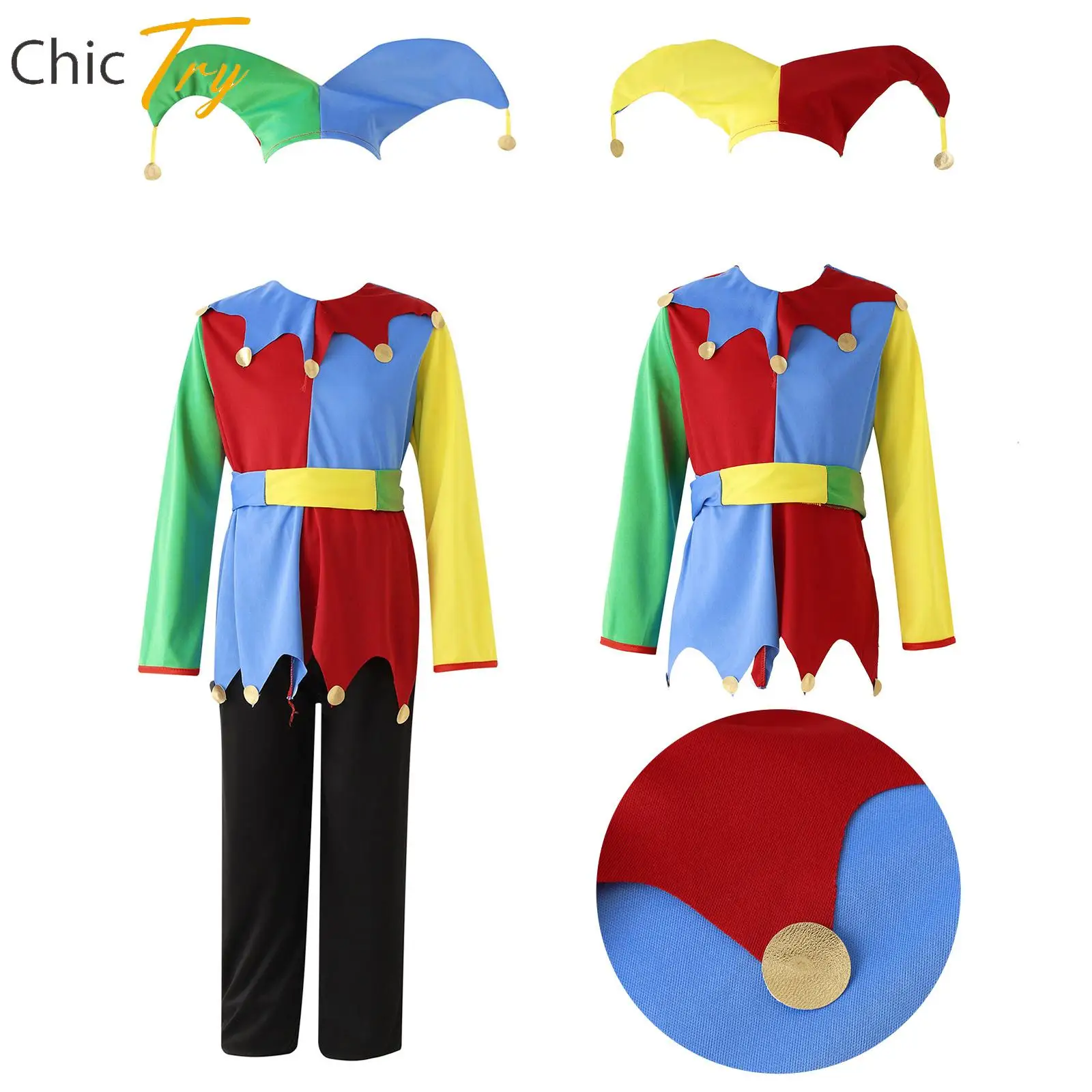 Kids Girls And Boys Circus Clown Costume Color Block Clown Dress with Hat Pants Set Halloween Cosplay Performance Outfit