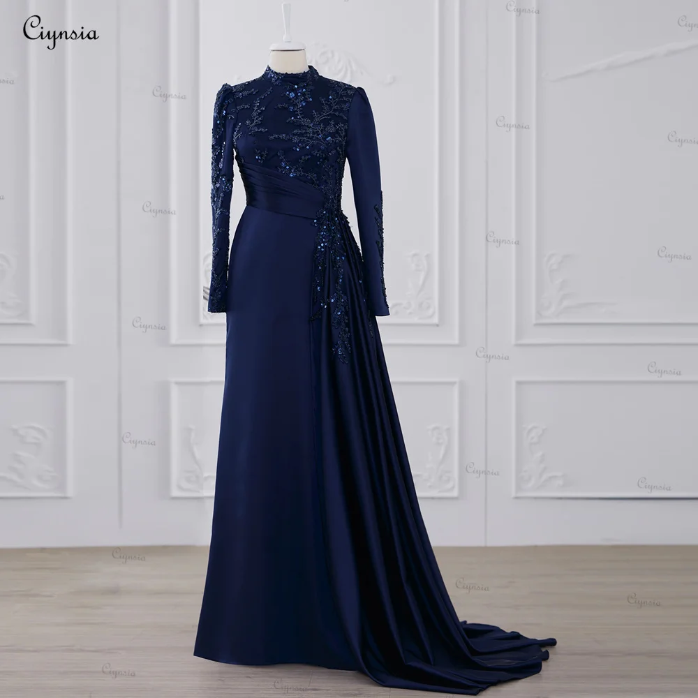 Ciynsia Abendkleider Luxus 2024 Hijab Evening Dress High Neck A-Line Satin Beaded Lace Formal Dress Party Elegant فساتين السهرة