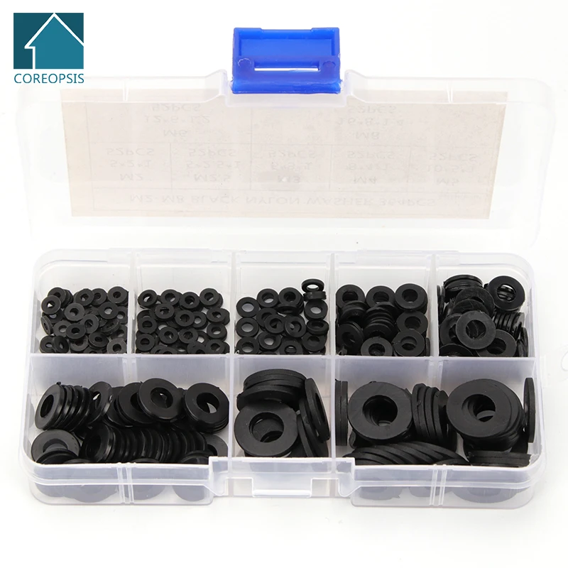 350PCS HARD TYPE Nylon Washer Flat Gasket M2 M2.5 M3 M4 M5 M6 M8 White Plastic Sealing O-rings Washer Assortment Kit Black