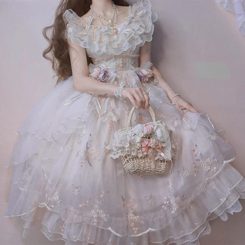 Victoriaanse Retro Lolita Jsk Jurk Japanse Vrouwen Zoete Kant Bloemen Borduurwerk Prinses Trouwjurken Meisjes Schattige Feest Vestidos