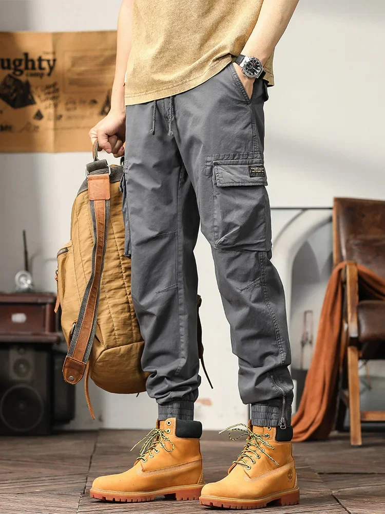 Pantalones Cargo de algodón transpirables para hombre, pantalones informales ajustados con cremallera en el tobillo, ropa de trabajo fina, novedad de verano, 2023