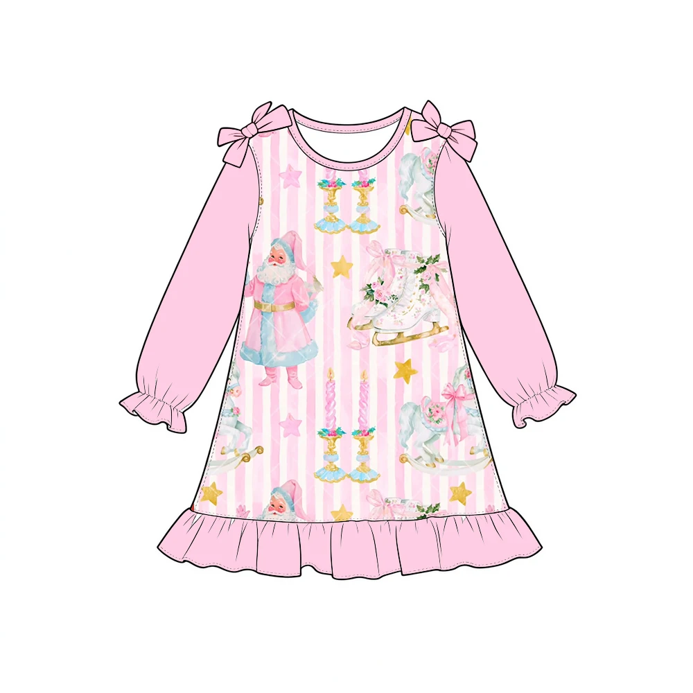 Boutique Children's Dress Ruffle Long-sleeved Bow Decoration on Shoulders Christmas Series Print Wholesale