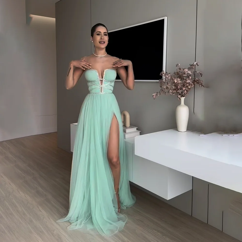 

High Quality Gorgeous A Line Evening Dresses Side Split Prom Dress Floor Length Ceremony Party Gowns Custom Vestidos De Festa