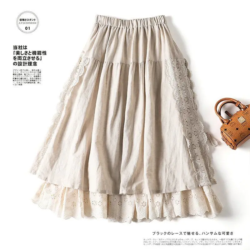 Japanese Vintage Aesthetic Cotton Linen Long Skirt Mori Girl Style High Waist A Line Loose Double Layer Pleated Skirts for Women