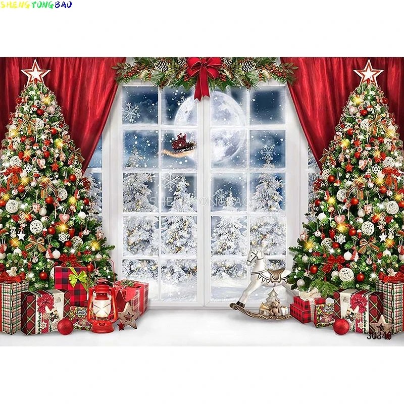 Vinyl Custom Christmas Tree Window Wreath Photography Backdrop Wooden Doors Snowman Cinema Pine New Year Background Prop ZZ-22
