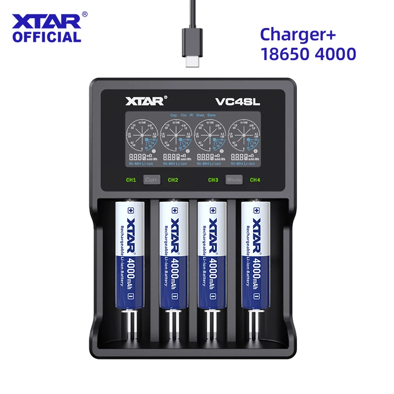 XTAR 4 x 18650 4000mAh or 21700 6000mAh Batteries with VC4SL  Battery Charger Combo Fast Charging & Accurate Testing USB-C