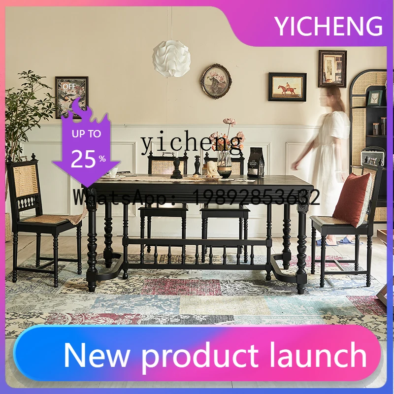 

CZ7 retro solid wood dining table rectangular black eating table American carved large board table