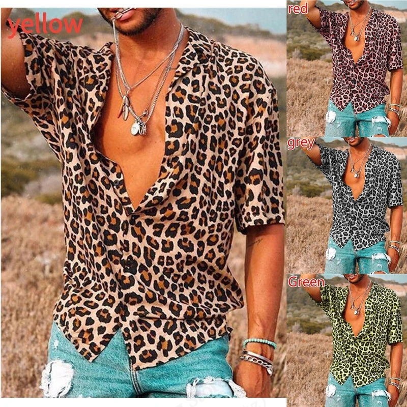 

Fashion Mens Summer Hawaiian Shirt Leopard 3d Print Shirt Short Sleeve Casual Plus Size Beach Shirts Street Lapel Blouse Camisa